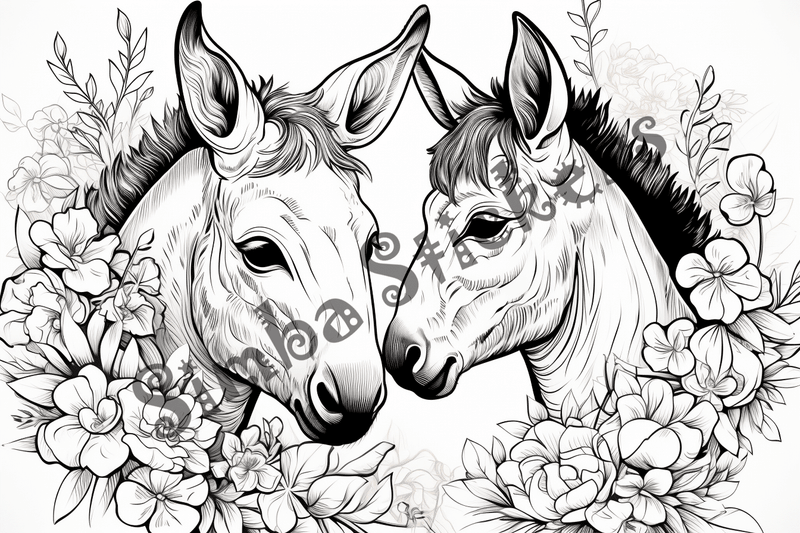Colouring pages, bundle of donkeys in love, 10 images