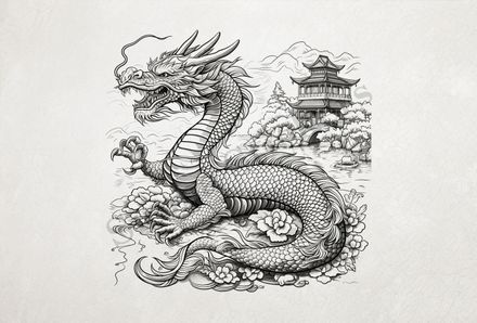 Chinese dragon across the pond from stylish house, outline art