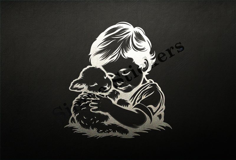 Small lamb cheek-to-cheek with small boy , outline art