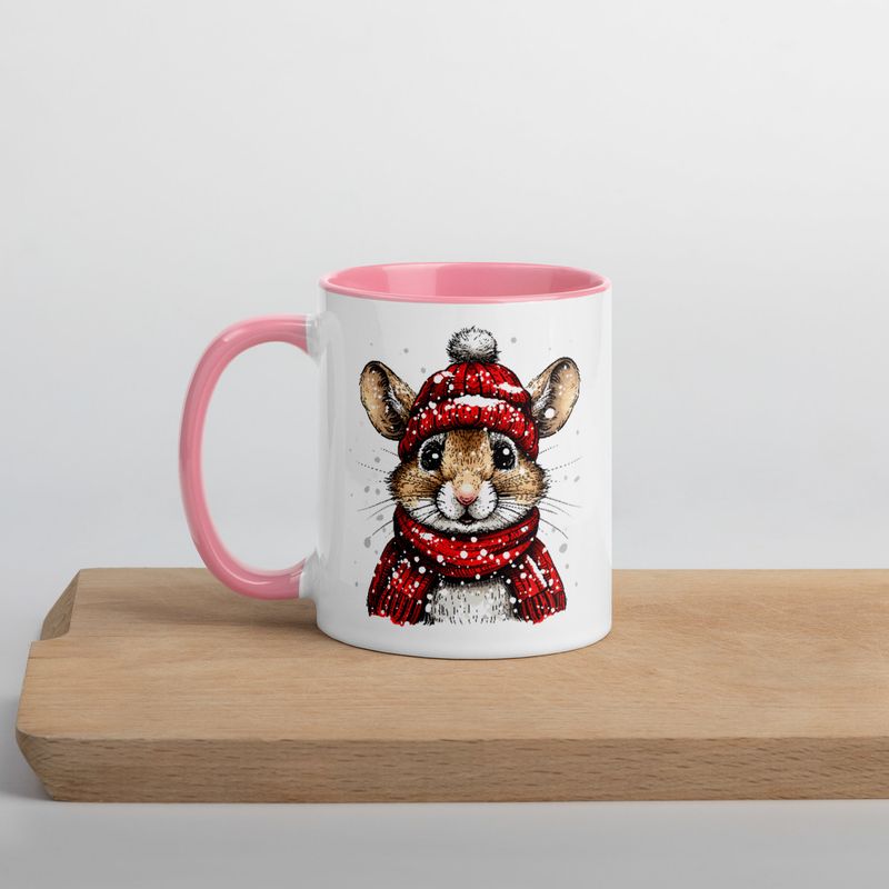 White Ceramic Mug with Color Inside, 11&amp;15oz, Mouse wearing red winter hat and scarf in snow, xg8dl3
