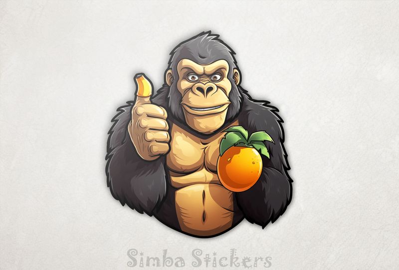 Gorilla holding a fruit and doing thumbs up sign, excrbt