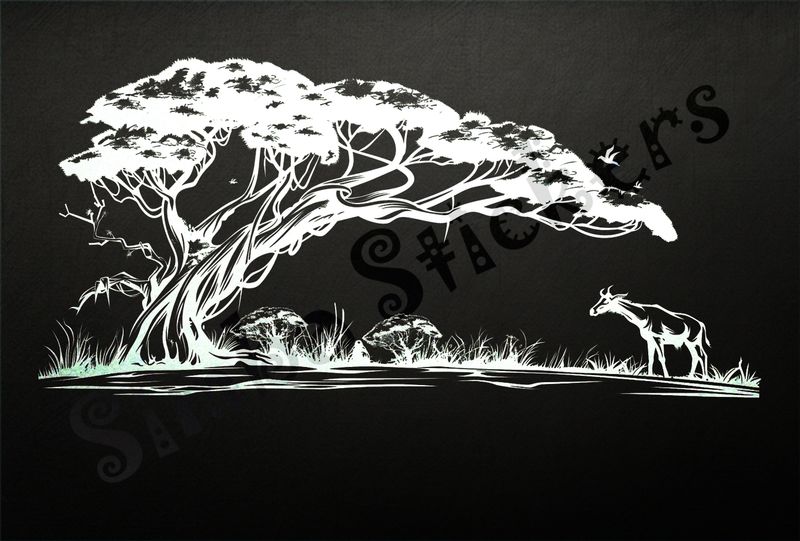 African Savanna landscape, antelope by giant tree, outline art