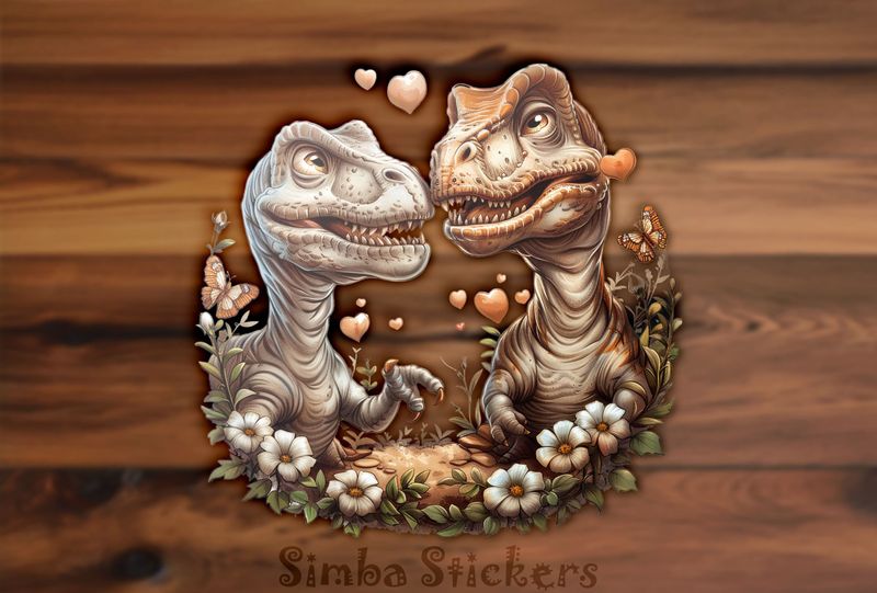 Dinosaurs in love, butterfly flying, flowery foreground, watercolour