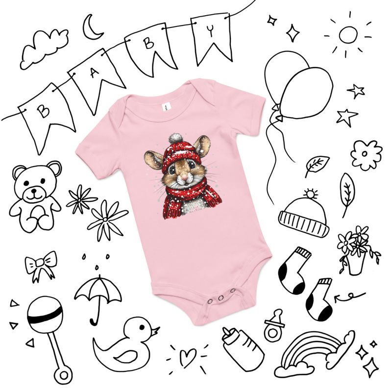 Baby Short Sleeve One Piece, 3-24 Months, Mouse wearing red winter hat and scarf in the snow, xg8dl3