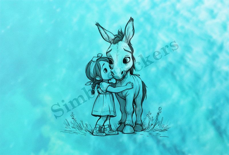 Small donkey being hubbed by a small girl outline art