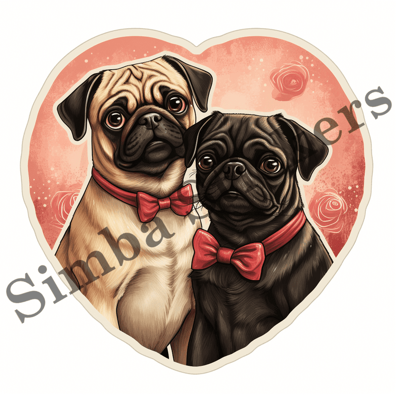 Pug dogs in love, image set, 10 images