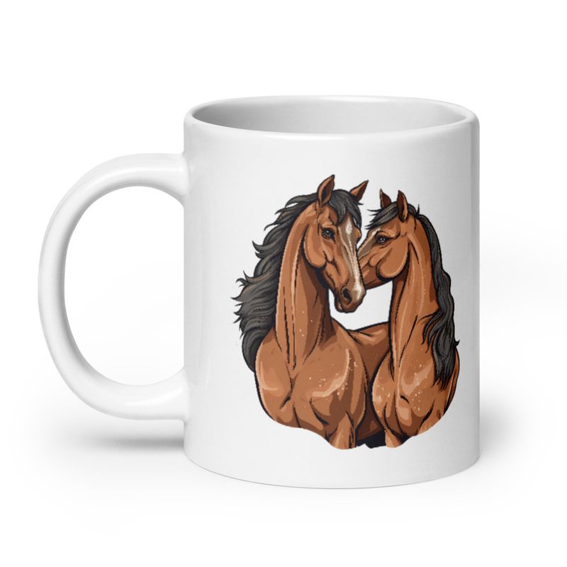White Glossy Mug, 20oz, Two brown horses snuggling, tdwcyd
