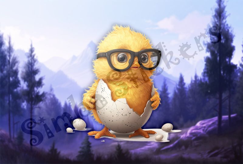 Chick in glasses still in eggshell on hatchday