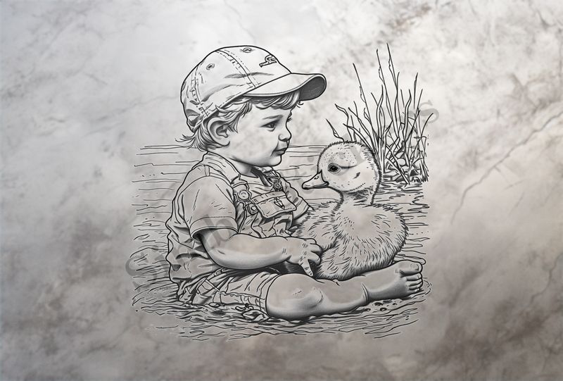 Duck embraced by small boy wearing a cap, outline art