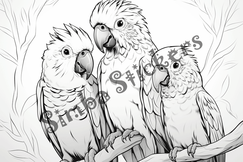 Colouring pages, bundle of parrots perching, 10 images