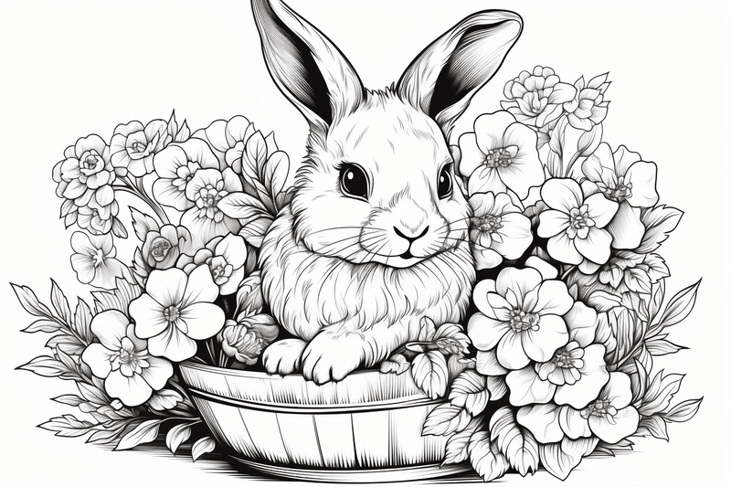 Colouring pages, bundle of rabbits in leaves or flowers, 10 images