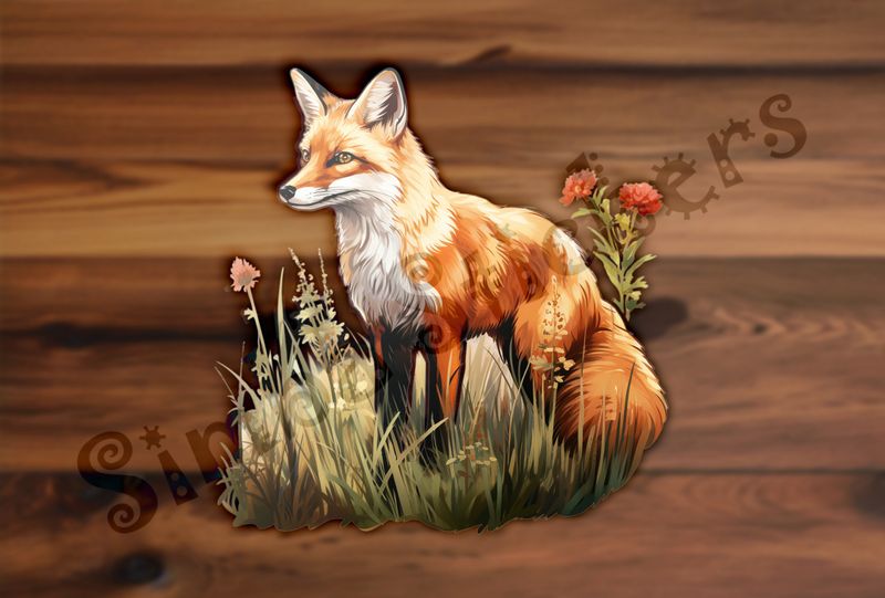 Red Fox in flowery grass