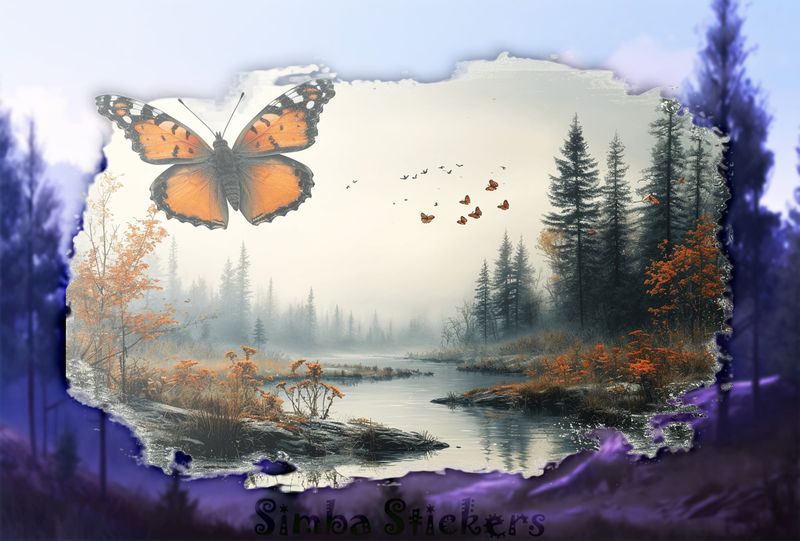 Butterfliy floating above a river, vintage, h4h6qc
