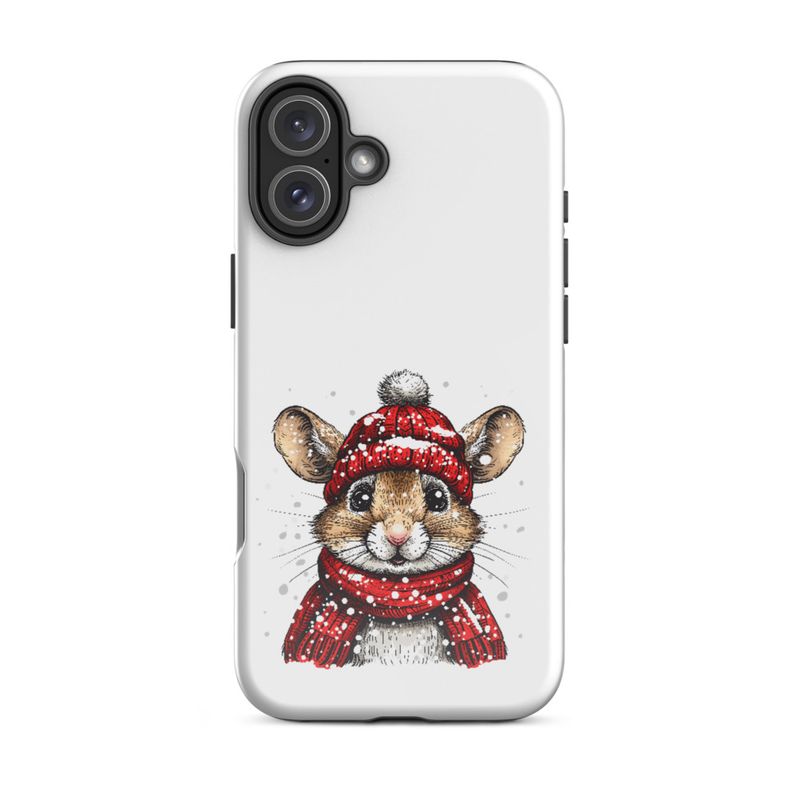 Tough Case for iPhone, Mouse wearing red winter hat and scarf in the snow, xg8dl3