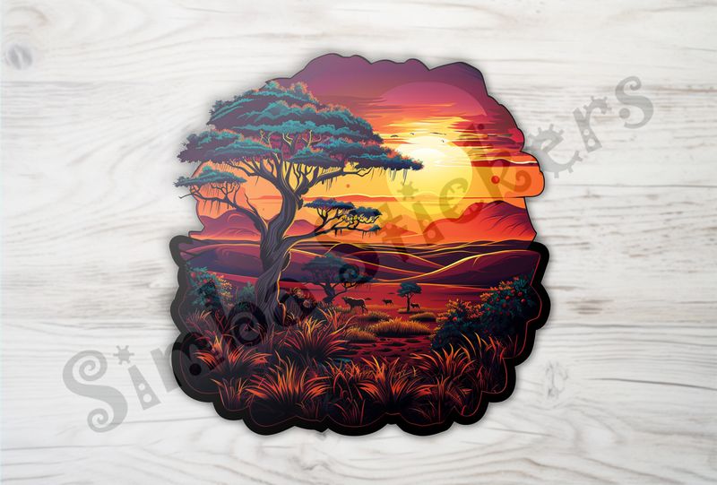 African Savanna landscape, under red sunset