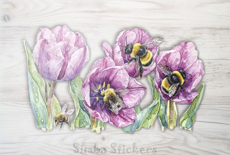 Bees among pink tulip flowers, watercolour