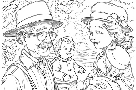 Colouring pages, bundle of people, elderly and grandparents with children, 50 images
