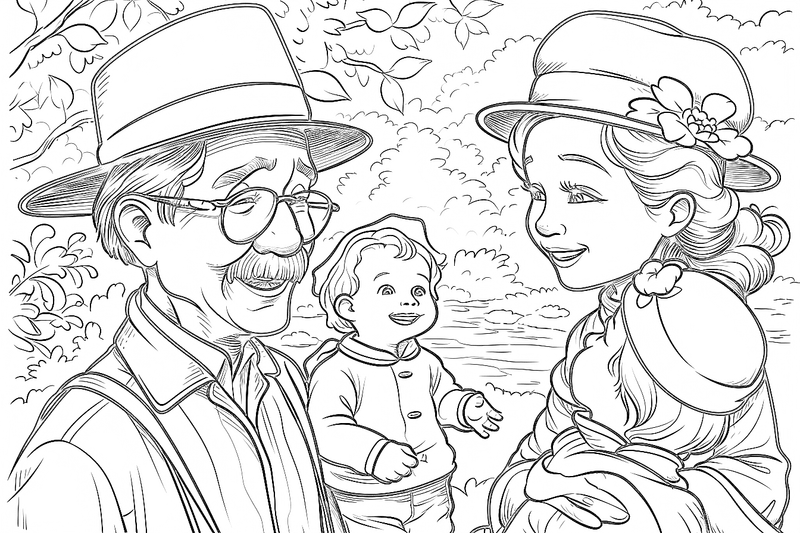 Colouring pages, bundle of people, elderly and grandparents with children, 50 images