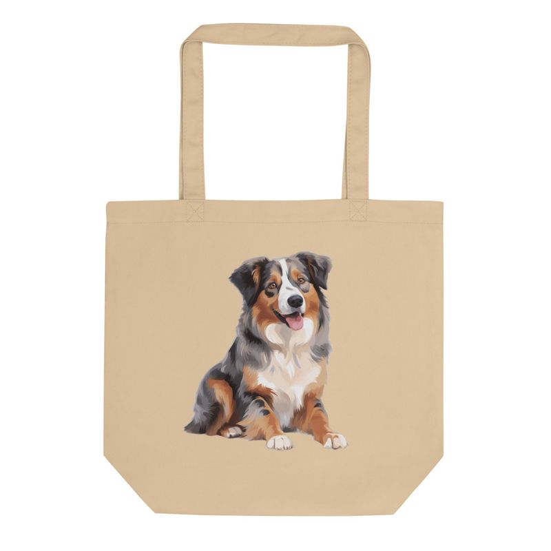 Eco Tote Bag, Australian Shepherd dog sitting with tongue out, multiple colours