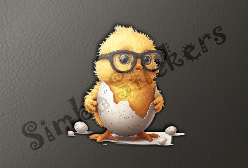 Chick in glasses still in eggshell on hatchday
