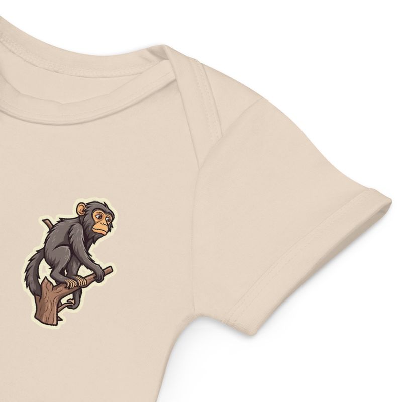 Organic Cotton Baby Bodysuit, 3-18 months, Baboon on a tree, looking sad, left chest