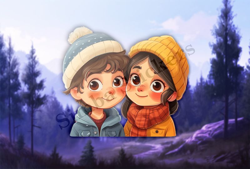 Boy and girl, in winter hats, cheek-to-cheek