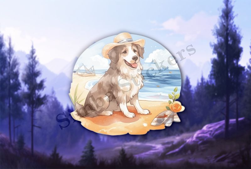 Dog with a hat on the beach, watercolour
