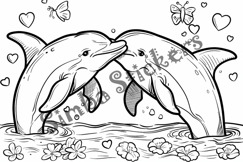 Colouring pages, bundle of dolphins in love, 10 images