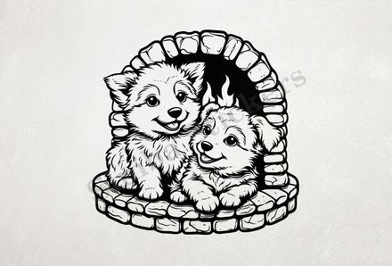 Dogs cuddling by the fireplace,  outline art