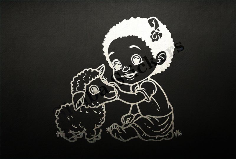 Small lamb petted by sitting little girl, outline art