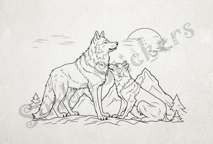 Wolves nose-to-nose under bright moon, outline art