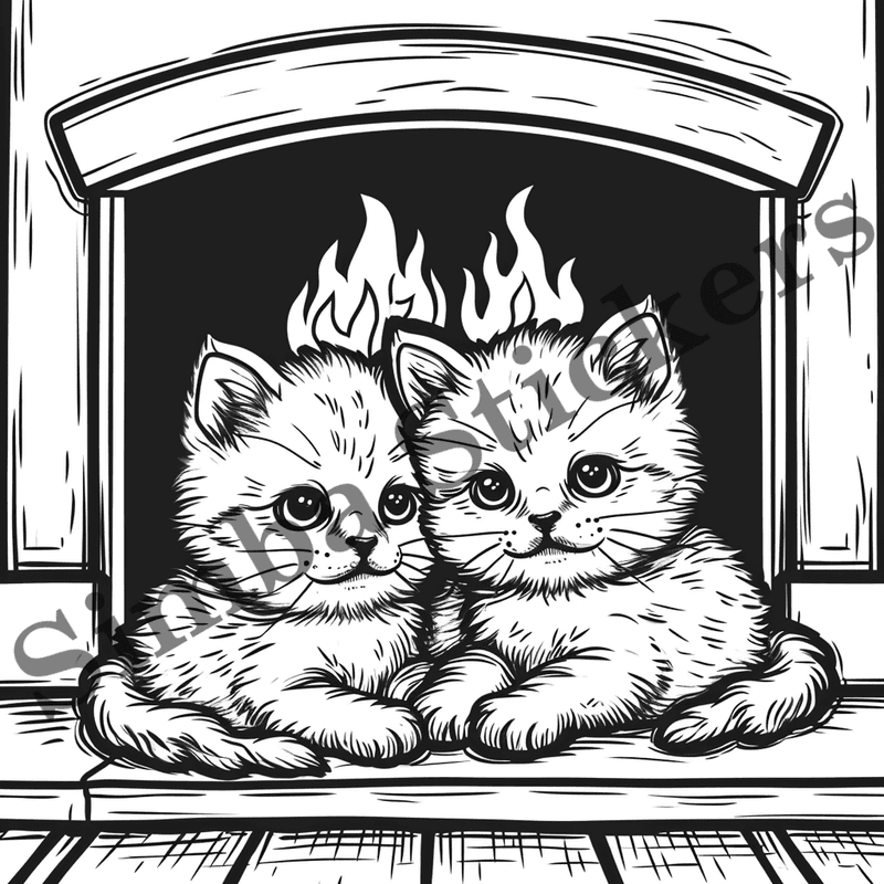 Cats by fireplace, outline art, image set, 10 images