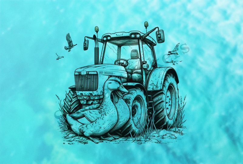 Ducks cuddling in front farmer&#x27;s tractor, under other birds, outline art
