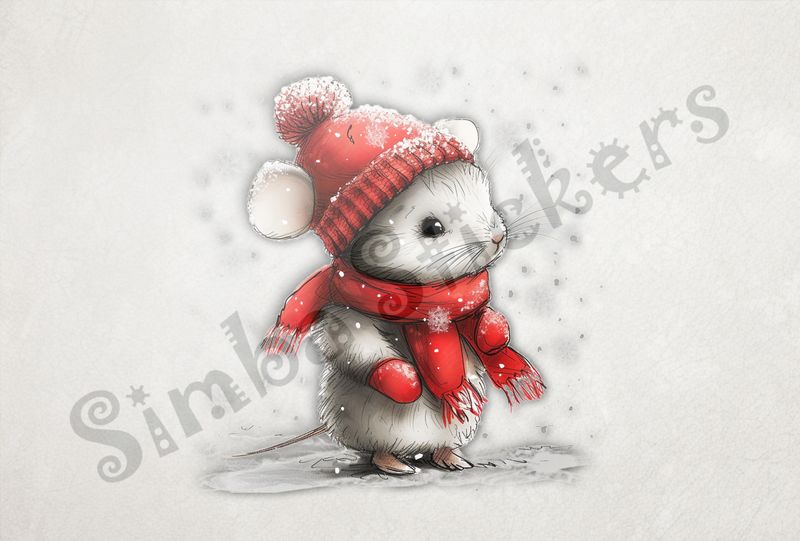 Mouse wearing red winter hat, scarf and gloves in the snow