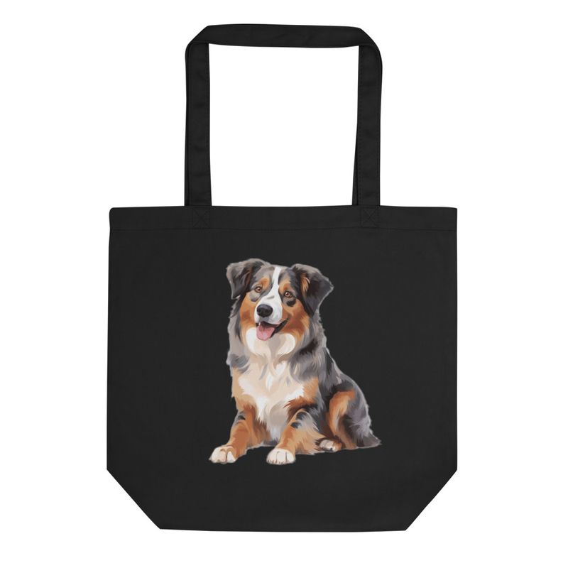Eco Tote Bag, Australian Shepherd dog sitting with tongue out, multiple colours