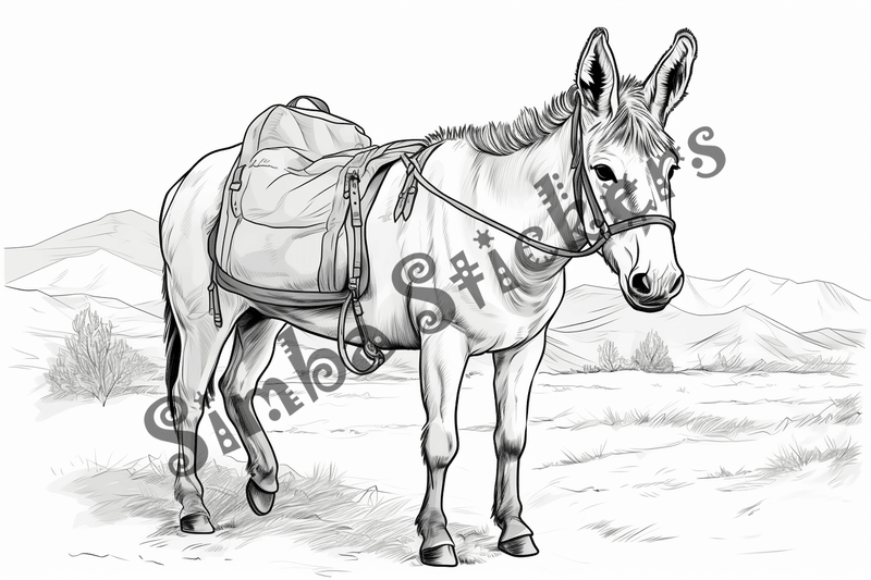 Colouring pages, bundle of singular donkeys, 10 images