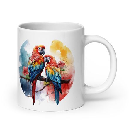 White Glossy Mug, 20oz, Parrots perching romantically, watercolour, h3l8qr