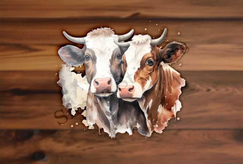 Cows nose-to-nose, one brown, one black, watercolour