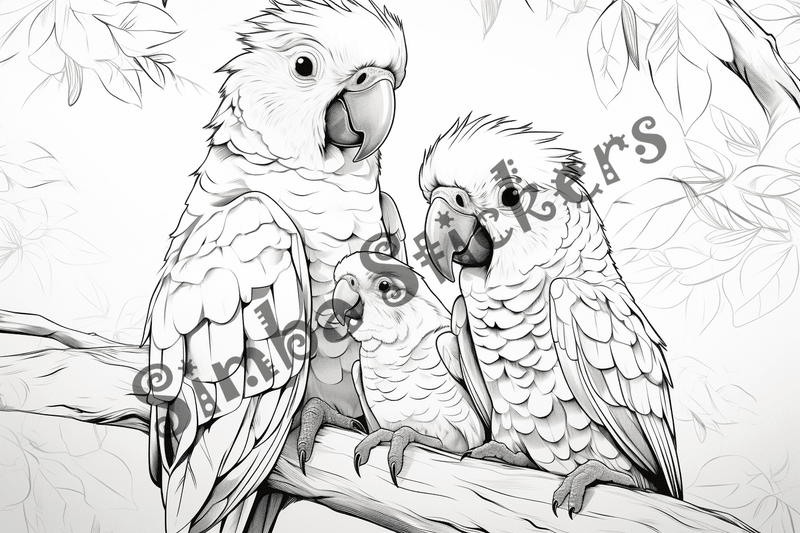 Colouring pages, bundle of parrots, 25 images