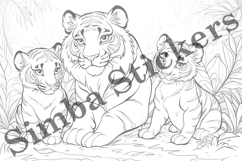Colouring pages, bundle of tigers, family-oriented, 10 images