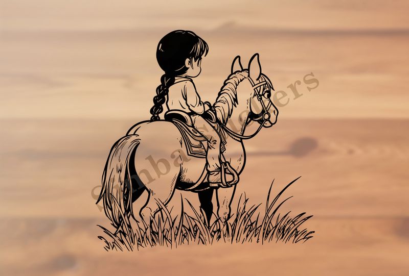 Horse carrying a small Asian girl, outline art
