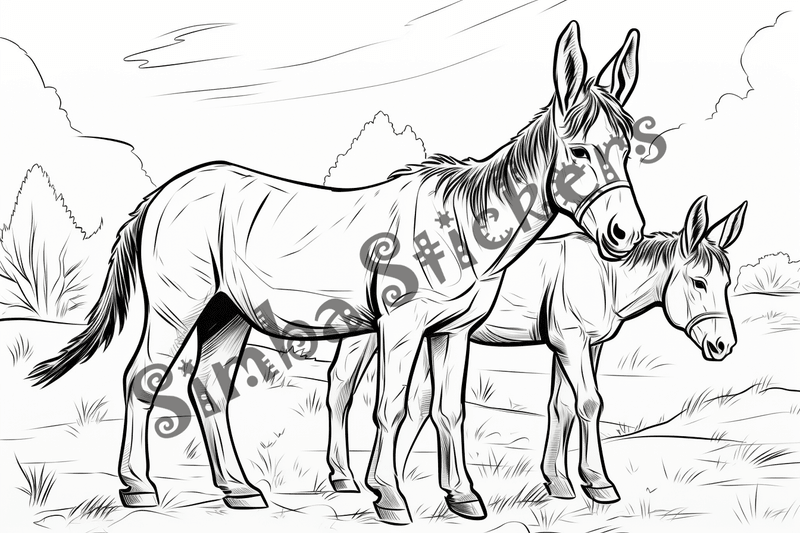 Colouring pages, bundle of donkeys with children, 25 images 2