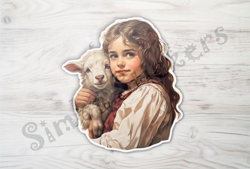 Goat kid in arms of girl of European origin