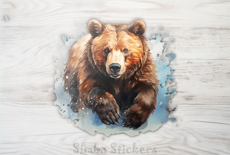 Bear running in and splashing water, watercolour, on3gih