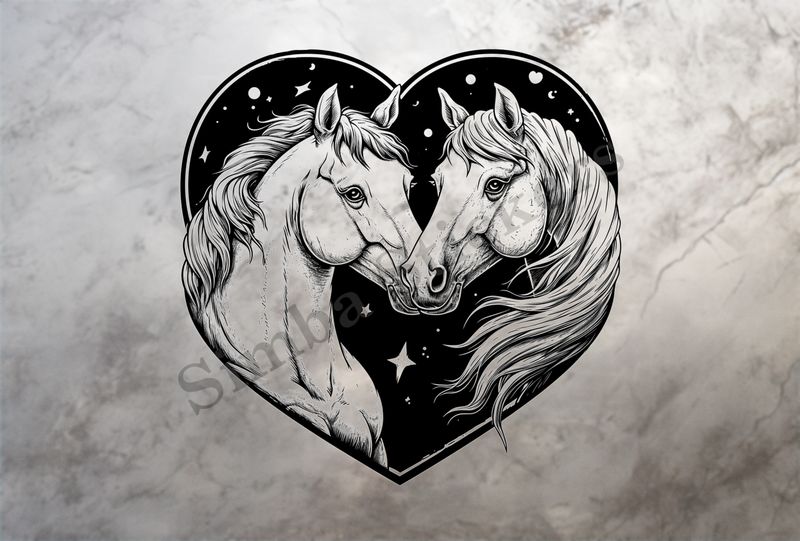 Horses nose-to-nose, both white, in a heart, outline art