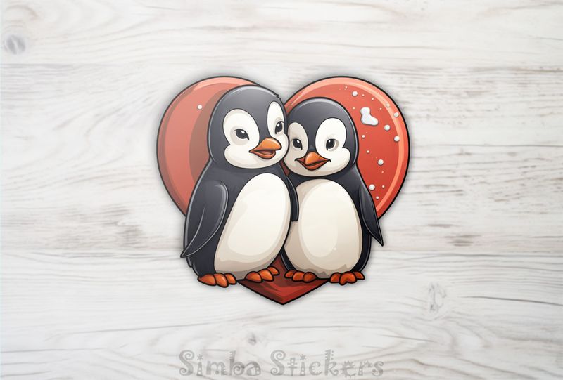 Penguins cheek-to-cheek smiling with romantic Valentine&#x27;s heart, xkk7ri