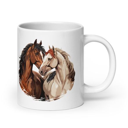 White Glossy Mug, 20oz, Horses nose-to-nose, jbgjpy