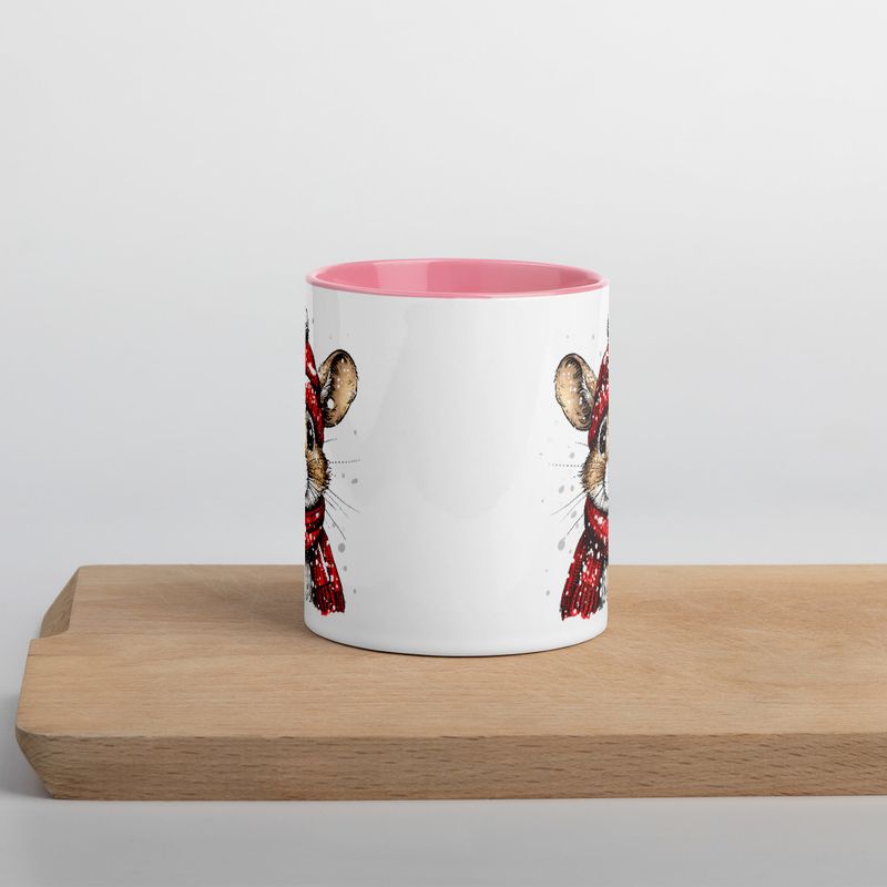 White Ceramic Mug with Color Inside, 11&amp;15oz, Mouse wearing red winter hat and scarf in snow, xg8dl3