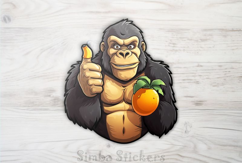 Gorilla holding a fruit and doing thumbs up sign, excrbt