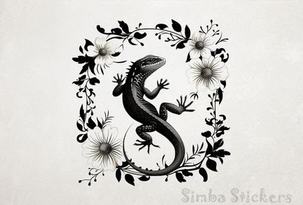 Lizard framed by white flowers, outline art